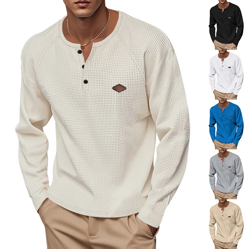 Men's Casual Spring And Autumn Thin Waffle Button-Up Quick-Drying Threaded Henry T-Shirt