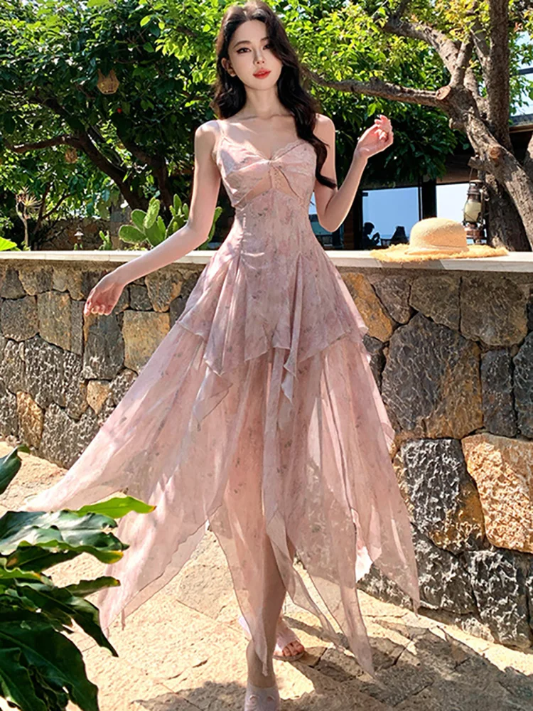 Summer Boho Green Floral Chiffon Ruffled Long Dress Women Fashion Chic Patchwork Lace Sling Dress 2025 Korean Elegant Prom Dress