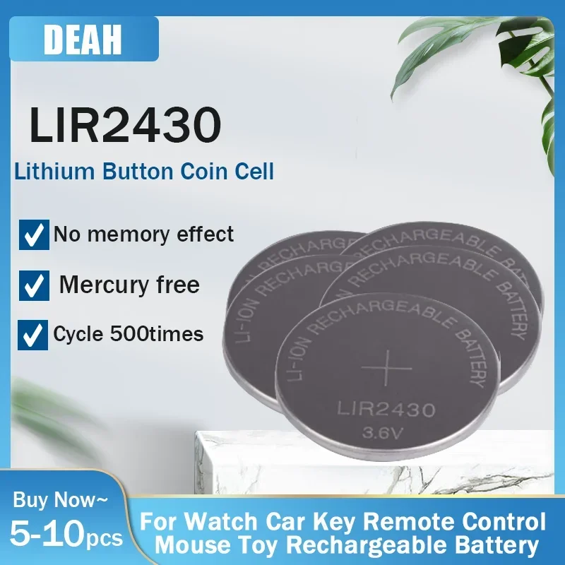 5-10PCS LIR2430 LIR 2430 3.6V Lithium Rechargeable Battery For Watch Car Scale Mouses Remote Key CR2430 PD2430 Button Coin Cells