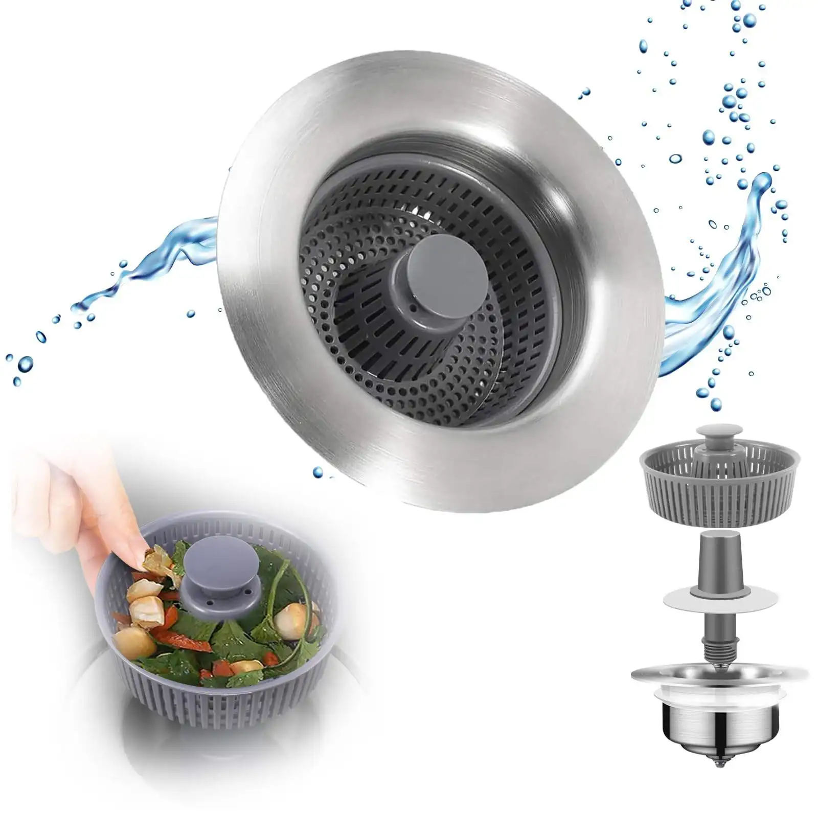 Kitchen Filter Sink 3 In 1 Pop Up ABS Silver Plated Sink Strainer Drain Basket Stopping Blockage Bouncing Core Leak-proof Plug