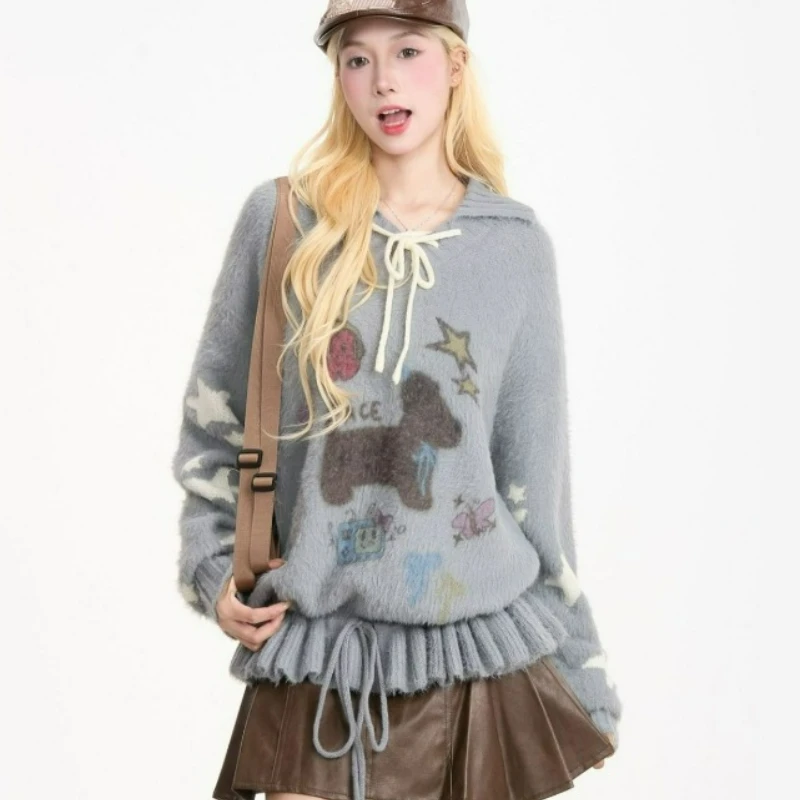 

Knitted Pullover New Style Little Dog Jacquard Cartoon Pullover Sweet Knitted Lazy Tie Loose Sweater 2026 Autumn/winter