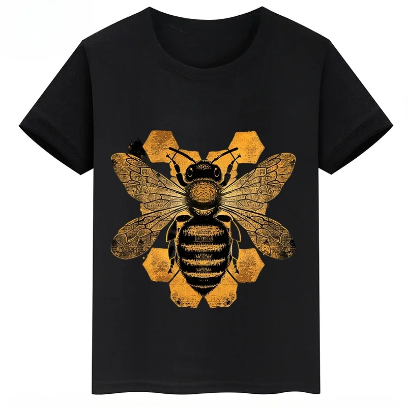 Bee Print Children\'s Clothing Summer Kid\'s Short-sleeved Black Tops Personalized Cotton T-shirts for Boys and Girls Baby Tees