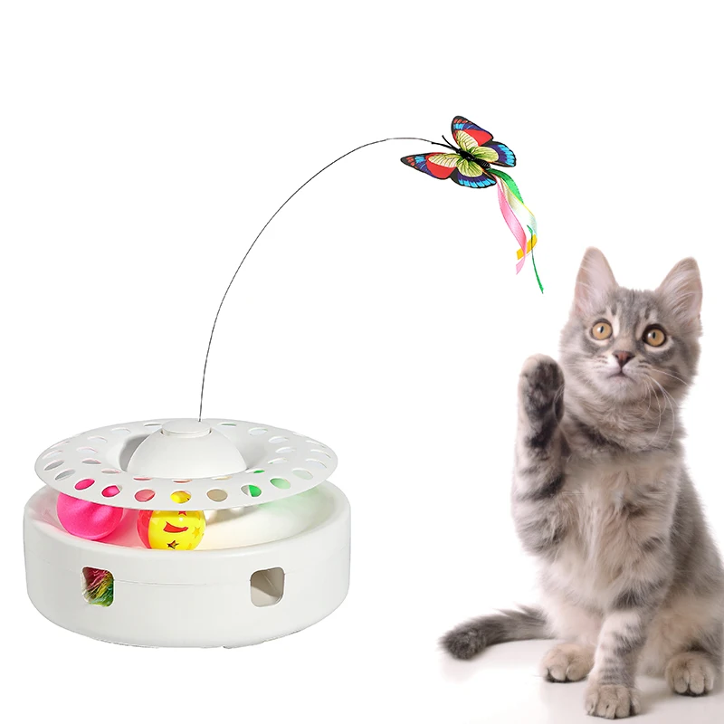 

Upgraded Electric Cat Toys with Bell Ball Puzzle 3 in 1 Cat Turntable Toy Automatic Rotation Teaser Butterfly Interactive Toy