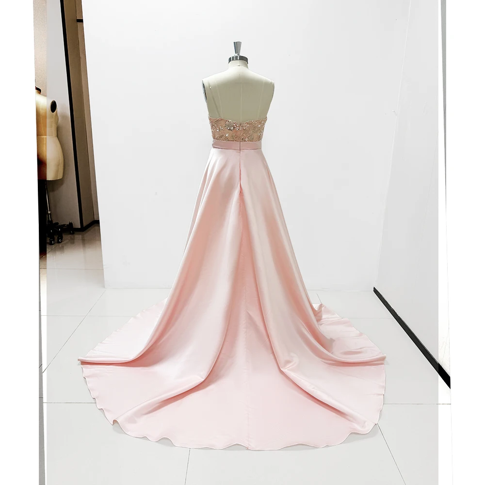 Robe de soirée rose sans bretelles pour femme, train chapelle, appliques en fibre de satin, robe élégante pour événement spécial, robe de soirée de luxe, 2024