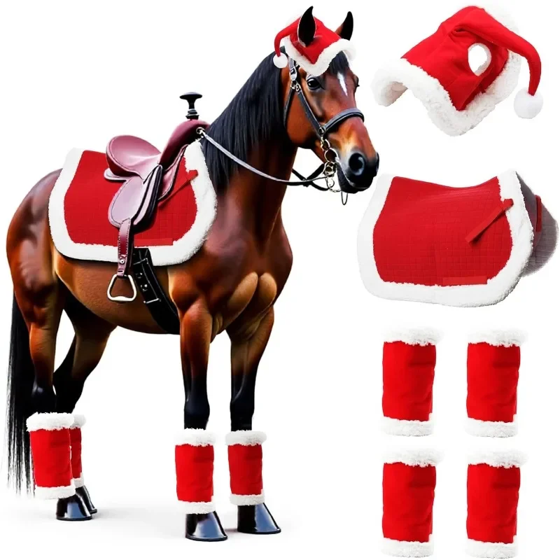 Spot 6-piece set, Christmas horse leg guard, Santa Claus horse hat, multi-functional Christmas saddle pad.