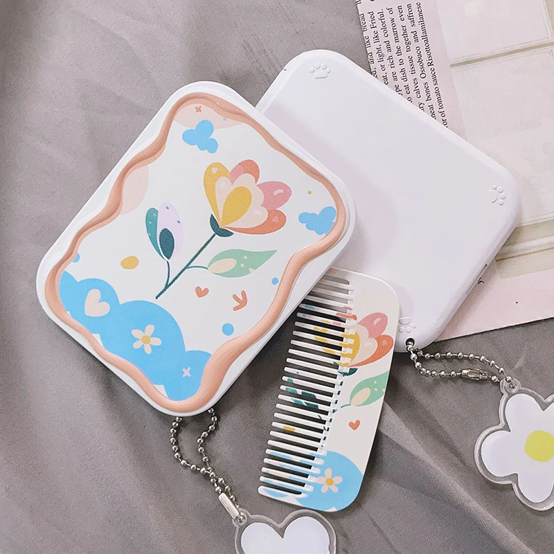 Cartoon Flower Pattern Flip-Top Folding Makeup Mirror Portable Pocket Mirror Rectangle Cosmetic Mirror With Comb For Women Girls