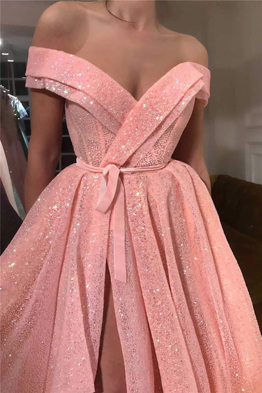 Tulle A Line Evening Dresses Peach Pink Sequin Off Shoulder With Sashes High Split Wedding Formal Party Gowns Vestido De Fiesta