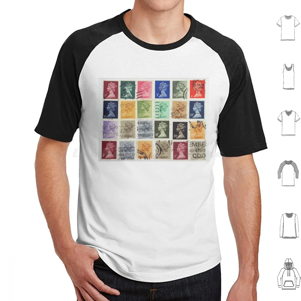 British Postage Stamps With A Queen Elizabeth Profile. T Shirt Cotton Men Women DIY Print Backdrop Background Britain British
