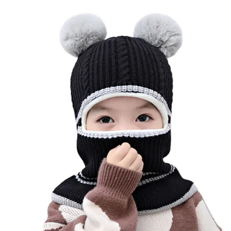 Thick Knitted Winter Hats for Kids 2-5years Children Balaclava Style Fleece Lining Girl Pom Beanie Pink Yellow Grey Black Beige