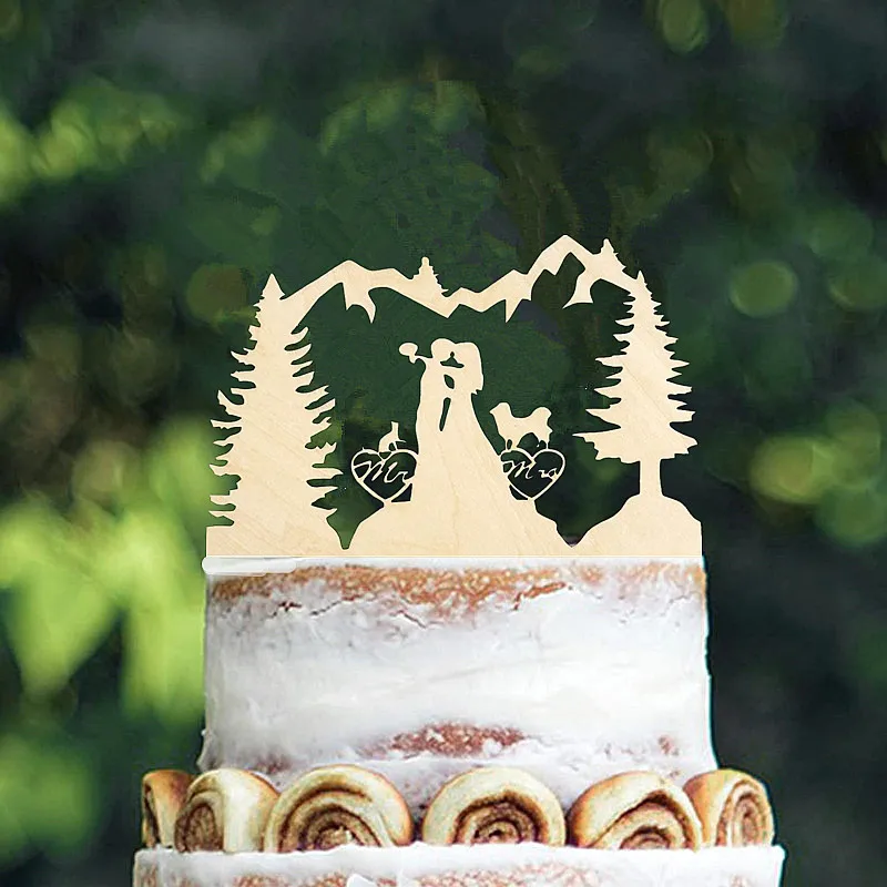 Wooden Mountain Hiking Wedding Cake Topper Forest Theme Outdoors Cake Toppers Bride and Groom with Pet Dog Cat  Bicycle