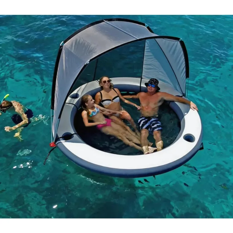 Inflatable Swimming Pool Float with Canopy Mesh Bottom Floating Water Hammock for Lake River Ocean