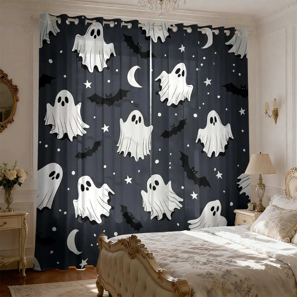 2pcs Ghost Bat Star and Moon Printed Curtains for Blocking Light in Bedrooms, a Fashionable Home Decoration Item