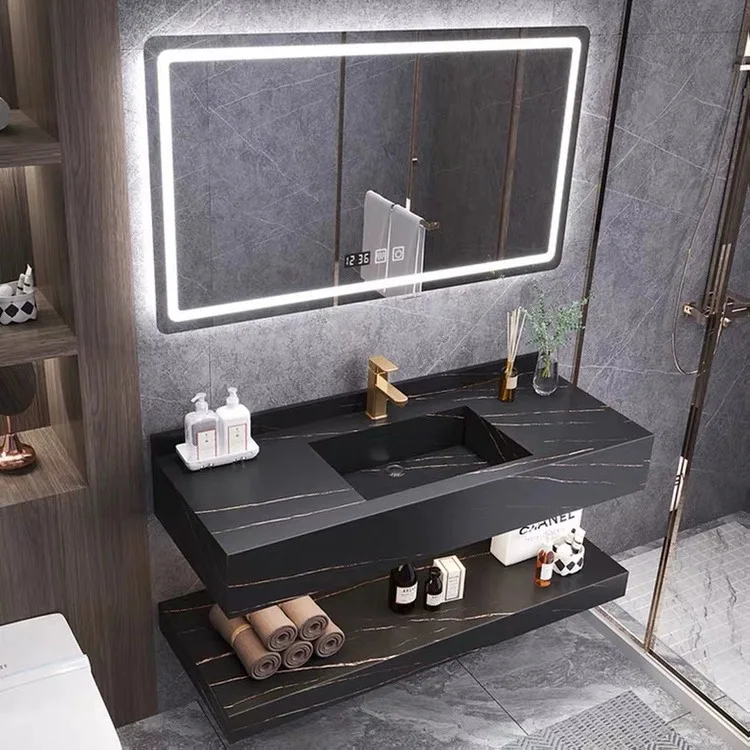 High-quality Material Bathroom Double Washstand Sink Sintered Cabinet Water Basin Wall-mounted Floating LED Touch Lighting Mirro