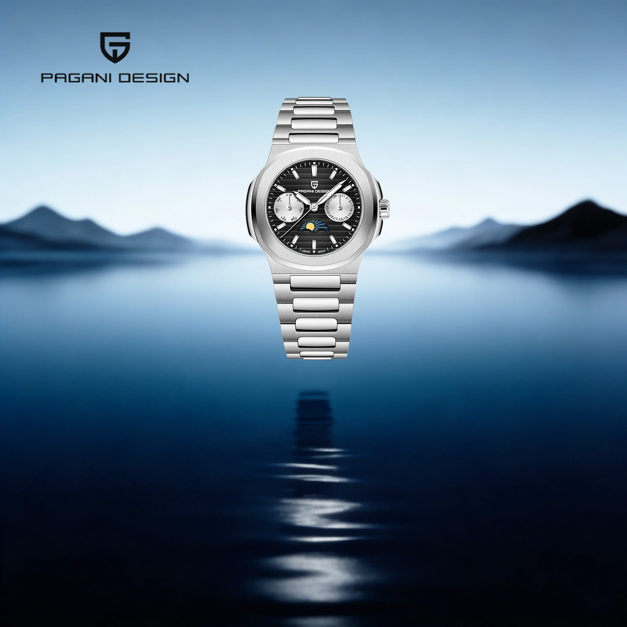 PAGANI DESIGN Urban Workplace Ladies Quartz Watch Queenly Aura Stainless Steel Sapphire Moon Phase Week Display Luminous Watch