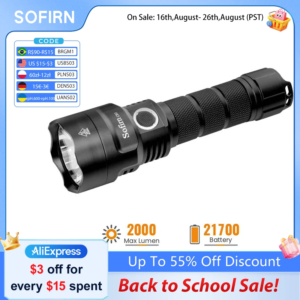 Lanterna LED Potente SOFIRN C8G 21700 SST40 18650 com Indicador de Bateria, 2 Grupos de Modos, Função SOS e Sinalizador para Uso Externo