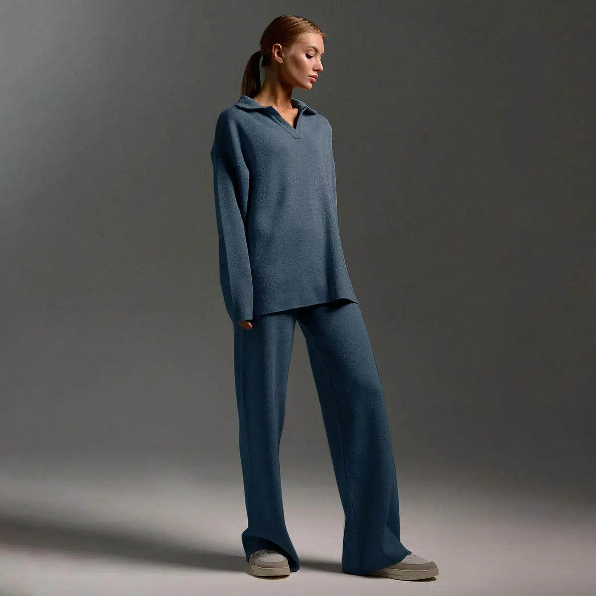 

Cross-Border Knitted Set Autumn Winter Sweater Collar Knitwear Wide Leg Pants Two Piece Set Casual Low Waist Universal