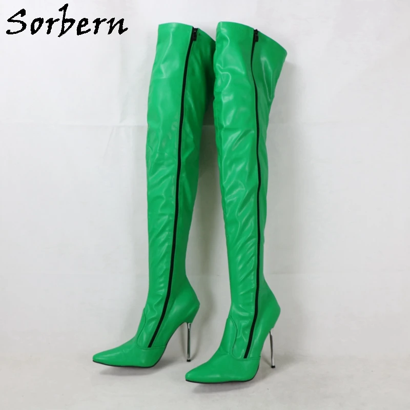 حذاء طويل Sorbern-Green غير لامع ، سحاب مزدوج الجانب ، كعب عالي ، كروسدرسر ، صنم فوق الركبة الحذاء ، مخصص واسع أو نحيف الساق