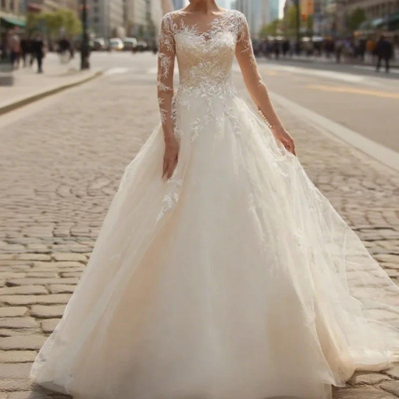 

Sexy Wedding Dresses See Through Applique Sequined Long Sleeve Tulle A Line Sweep Train Bridal Gown with Buttons Customized