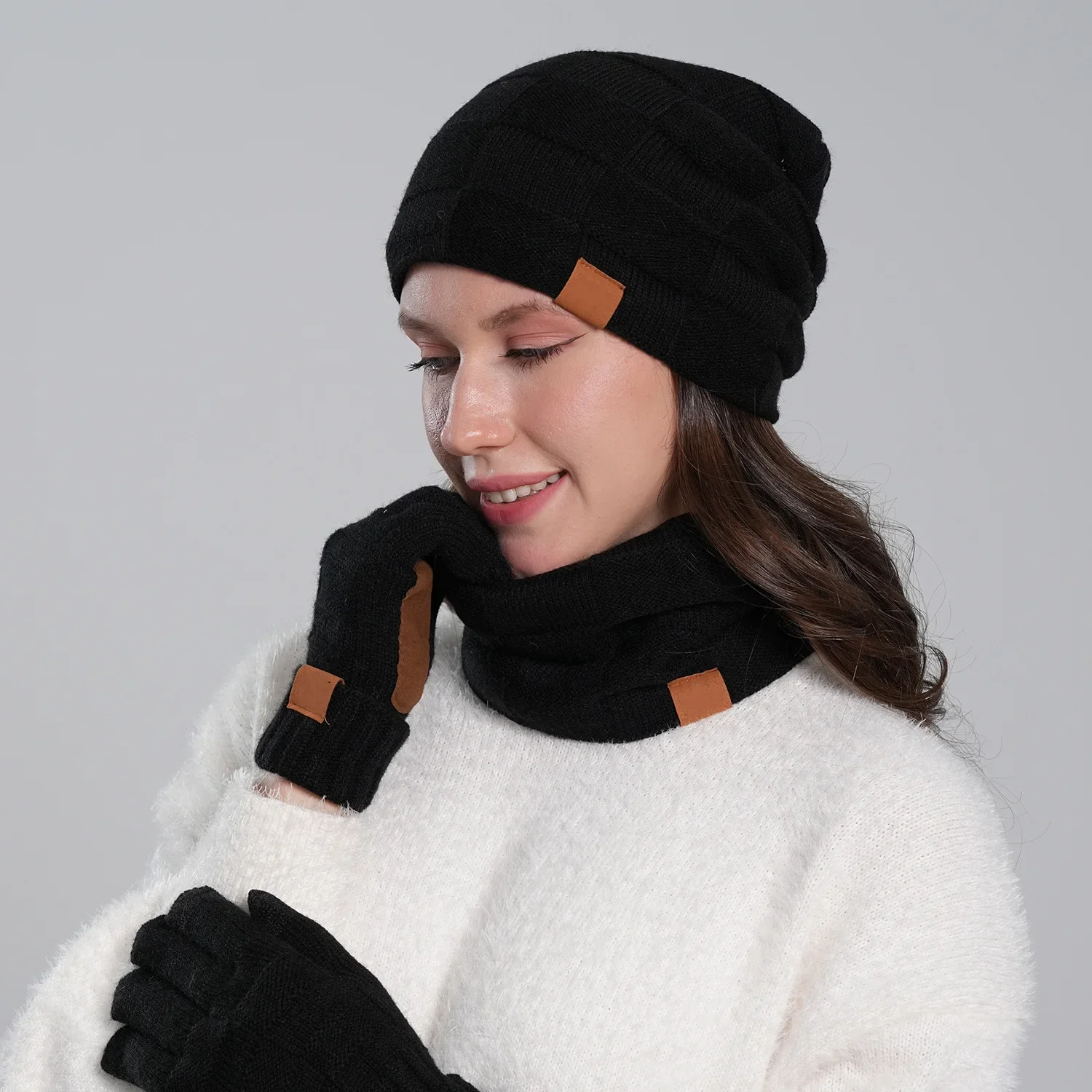 3 Piece Winter Knitted Set with Beanie Scarf and Touch Screen Gloves for Adults Men Women Cold Weather