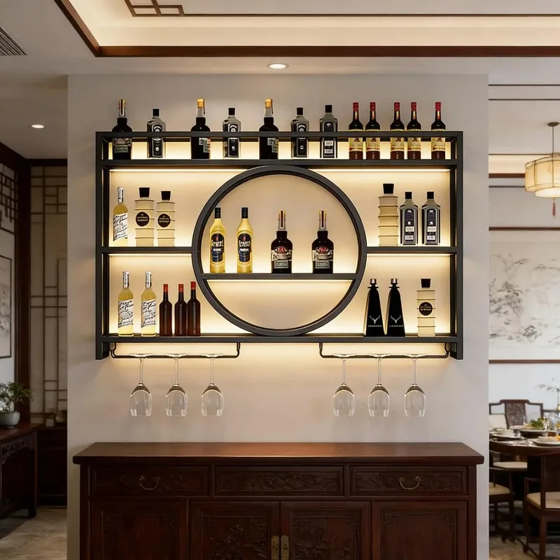 Wall Mounted Wine Rack with LED Lights, Iron Floating Wine Shelf Wall Mounted, Space Saving Wine Bottle Holder for
