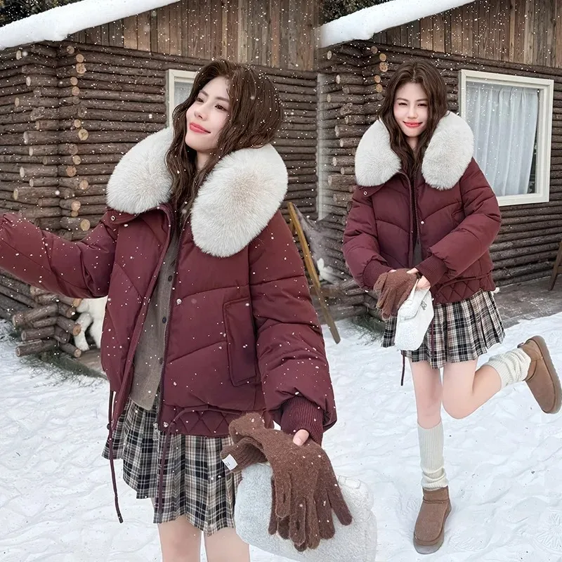 

Winter Women Quilted Jacket Geometric Print Fur Hooded Coat With Pockets Drawstring Elegant Padded Outerwear For Ladies