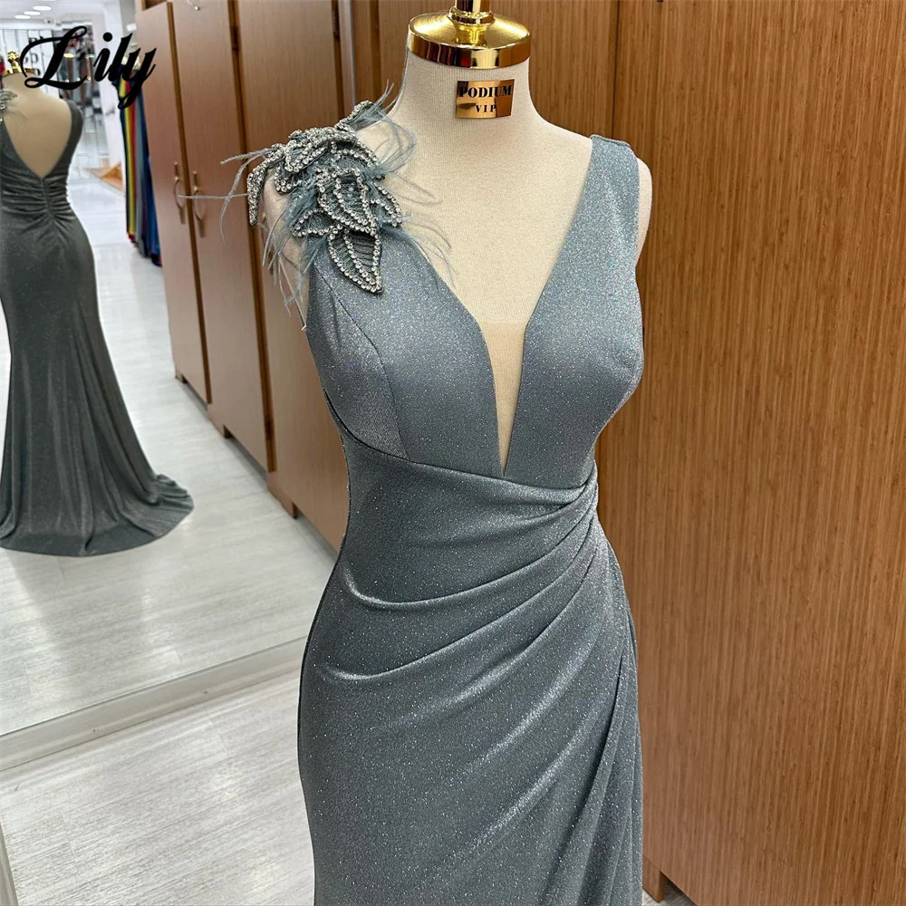 Lily Grey Prom Dresses V-Neck Evening Dress Glitter Mermaid Open Back Party Dress With Feathers Tank Crystal Sleeveless 프롬드레스