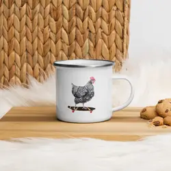 Skateboarding Chicken Enamel Mug Funny Animal Camping Cup Rock Hen Holiday Gift White Camp Farmhouse Decor mug