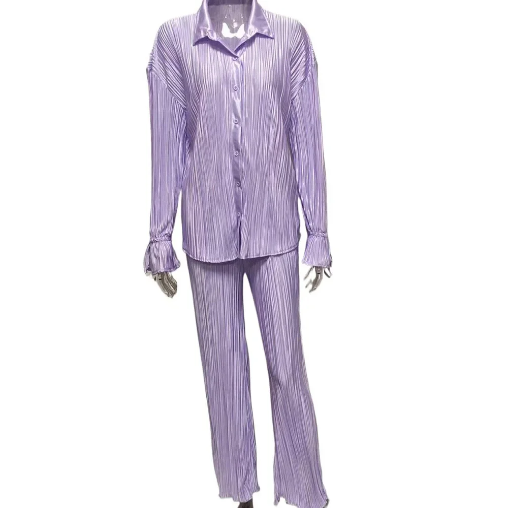 Women Loose Blouse Sets Two Pieces Sale Casual Long Sleeve Blouse Shirt&High Waist Wide Leg Loose Pant Suits YZXFS-W0513