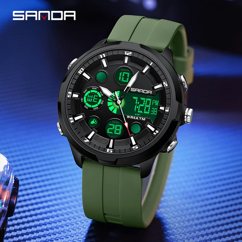 SANDA Top Brand Men Multifunctional Quartz Watch LED Digital 50M Waterproof Military Dual Display Watches Timing Alarm Clock