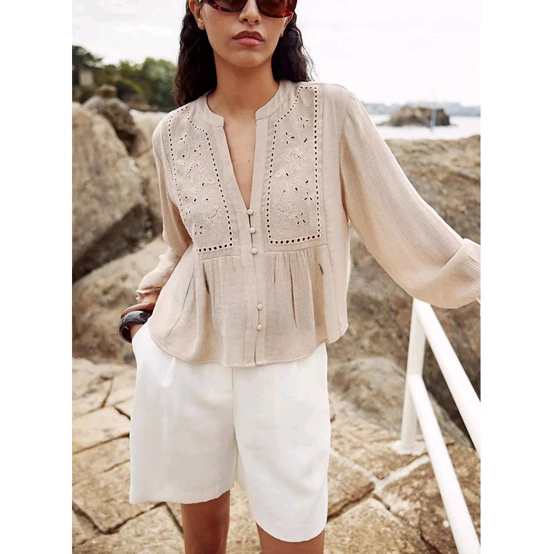 Nieuwe dames geborduurd uitgehold lang Sve V-Ne ort irt gelaagde decoratie woon-werkverkeer losse pasvorm zomer 2025,