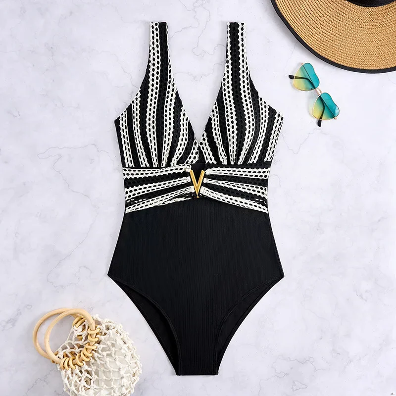 

Цельный купальник в горошек, новинка 2025 года, бандажный купальник, женский купальный костюм с v-образным вырезом, пляжная одежда, монокини, женские купальные костюмы