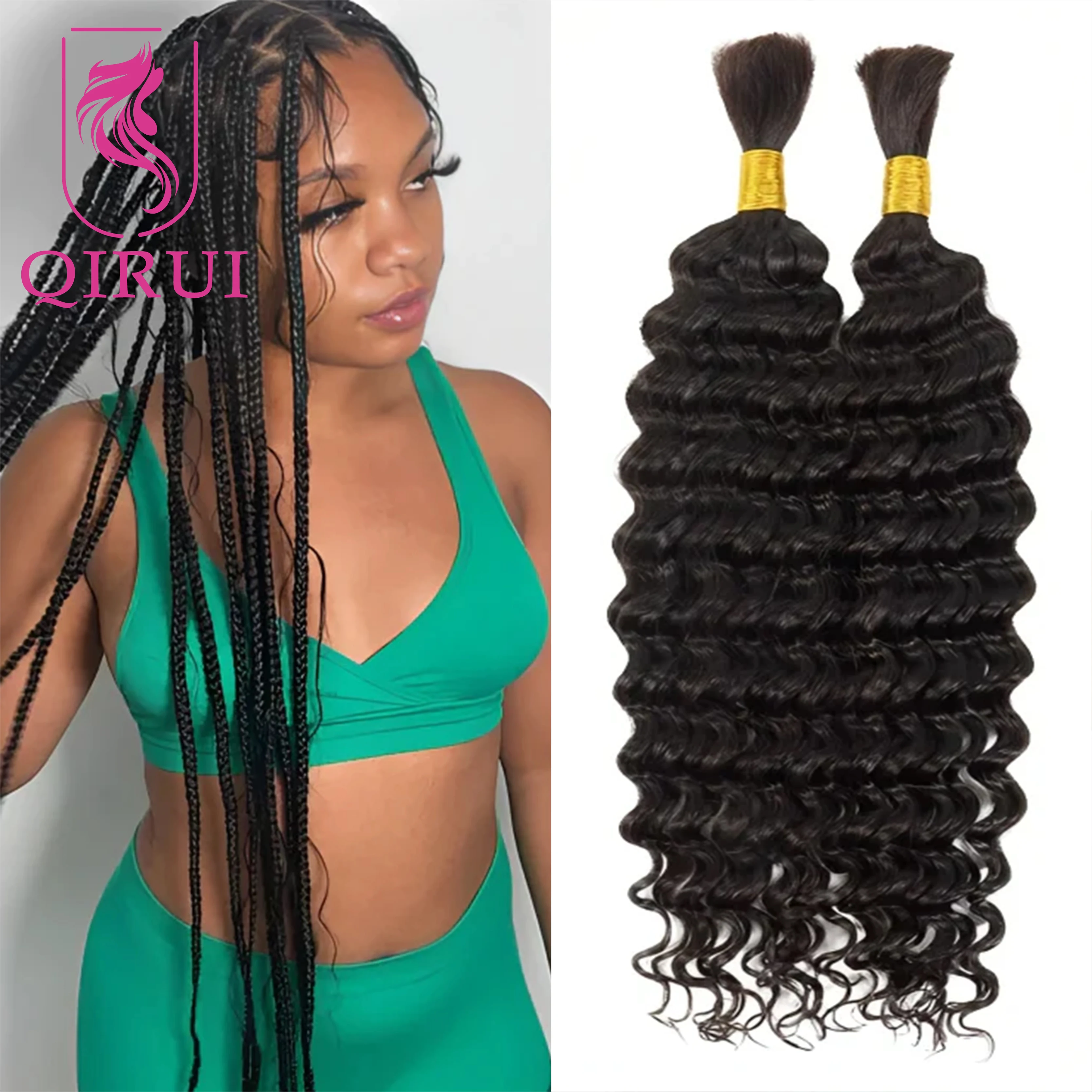 Bulk Human Hair For Braiding Highlight #4/30 Deep Wave Double Drawn Boho Knotless Braids Hair Bundles No Weft Wholesale