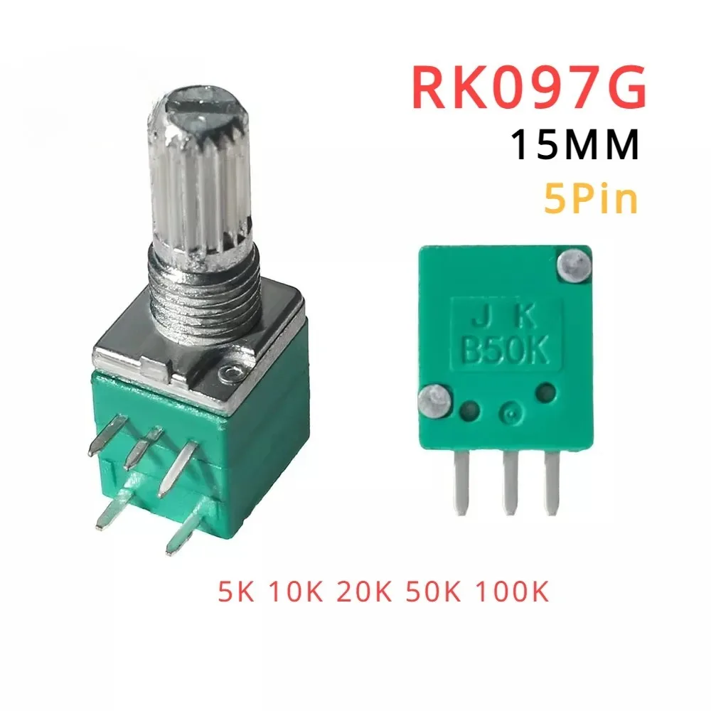 5PCS RK097G Potentiometer Industrial Switches 500K B1K B5K B10K B20K B50K B100K Switch Audio 15mm 5Pin Amplifier Sealing