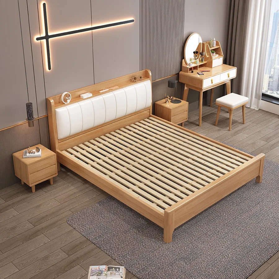Nordic, solid wood bed, master bedroom, soft rest, double, modern, simple, storage