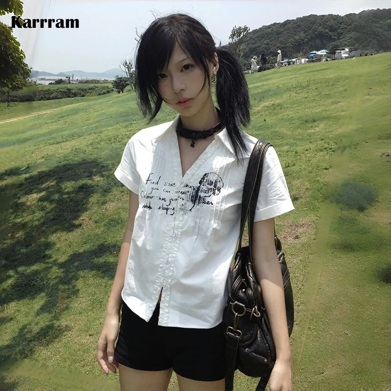 Karrram Y2k Aesthetics Pleated Shirt Grunge Gothic Skull Print White Shirts Trashy 2000s Style V-neck Blouses Japanese Harajuku