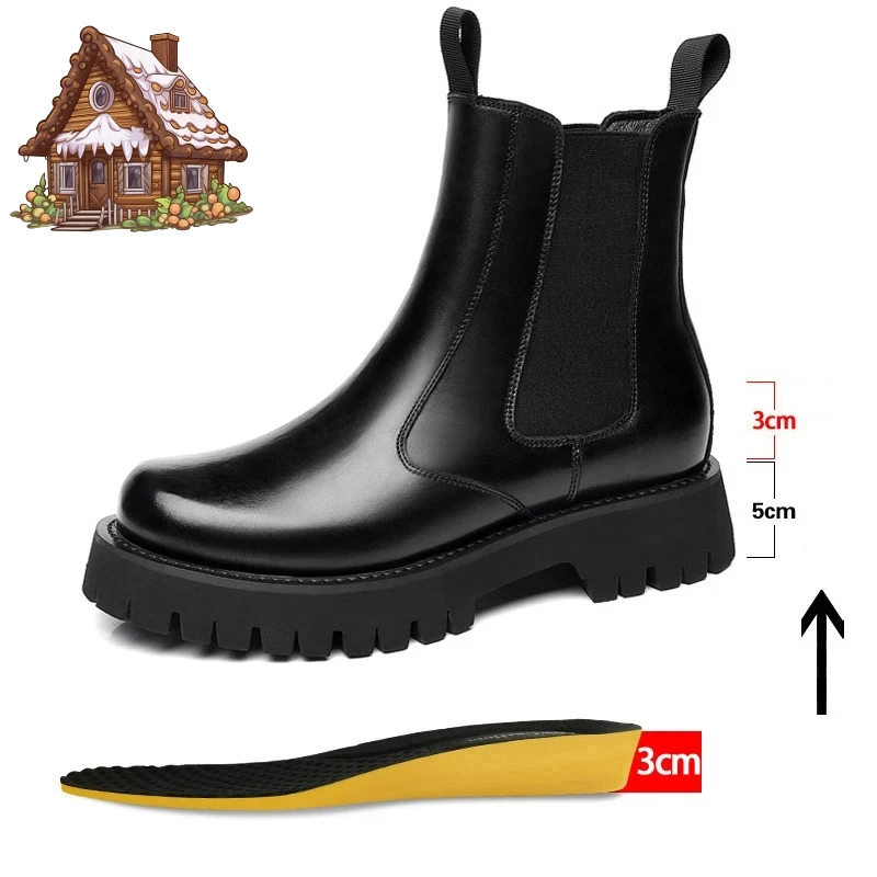 

2025 Winter Men Chelsea Rubber Boot Invisible Heel Men Lifted Boots Men Leather Platform Boots Height Increasing