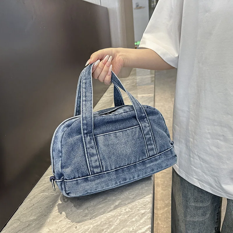

2025 Summer Vintage Hong Kong Style Bag for Women Denim Shoulder Purse Casual Colorblock Underarm Tote Retro Trendy