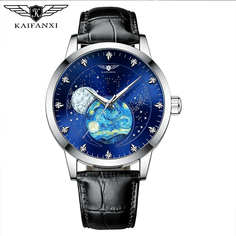 Men's Tourbillon Automatic Mechanical Watch Leather Moon Phase Function Glow in the dark Waterproof Man Sports Watch