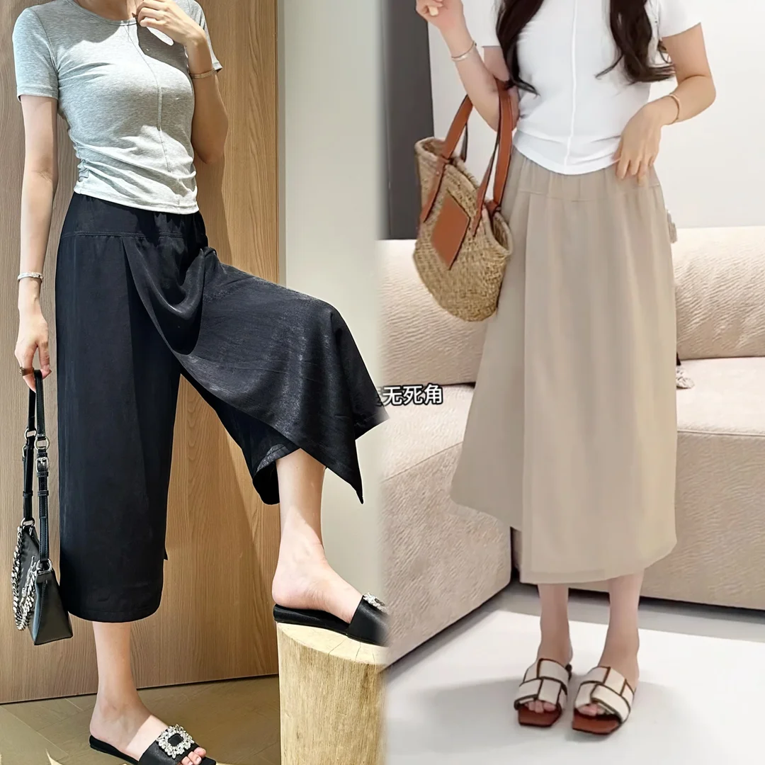 Summer Thin Light Silk Feel Pants for Maternity Wide Leg Loose Straight Cropped Skirts Trousers for Pregnant Women Pregnancy Y2k