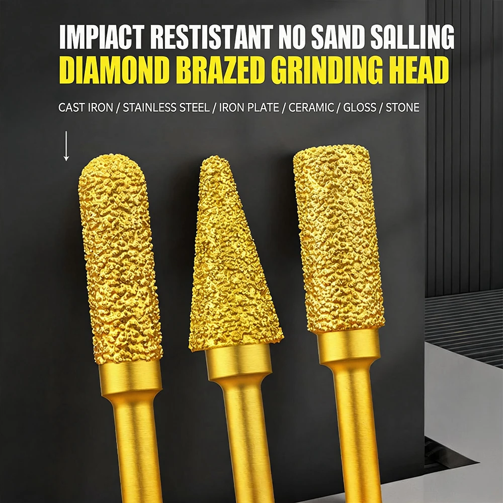 Brazed Diamond Grinding Head 6mm Shank Polishing Burr Bit for Stainless Steel Cast Iron Jade Ceramic Stone Carving