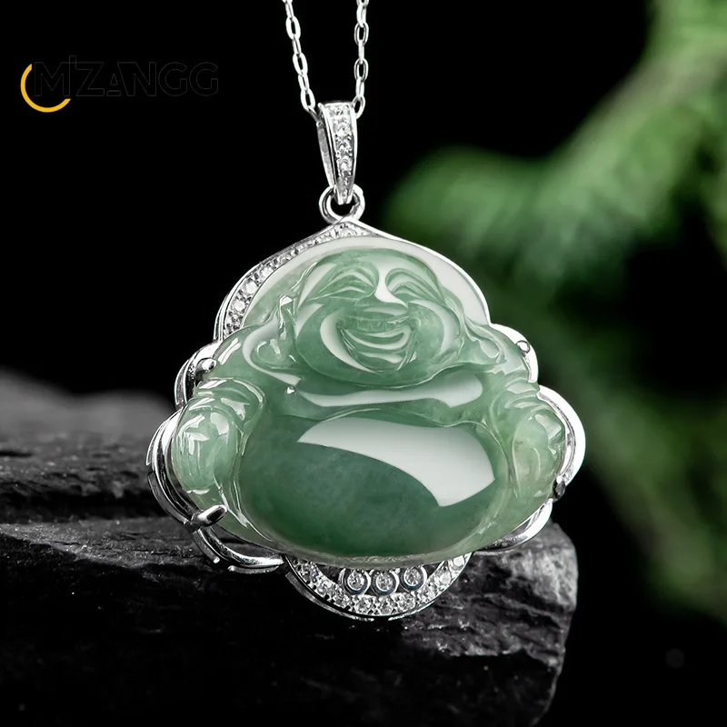 

Natural Myanmar Jadeite Oil Green Maitreya Buddha Pendant 925 Silver Inlaid Necklace for Ladies Fashion Jewelry Festival Gift