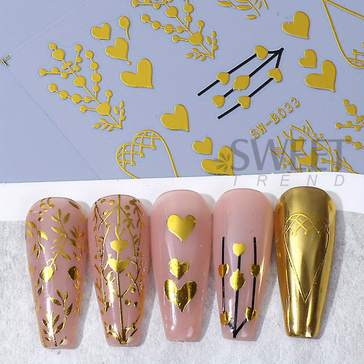 Autocollants pour ongles en forme de cœur métallique, 4 pièces, Laser bronzant, or Rose, feuille de plante, paillettes, décalcomanie adhésive, vie Simple, curseur de manucure chic