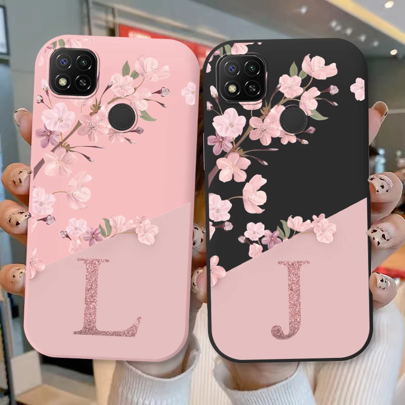 Initial Letter A Z Case For Redmi 9C NFC 10A Cover Pink Flower Soft Silicone Back Funda For Xiaomi Redmi9C Coque Bumper Couple