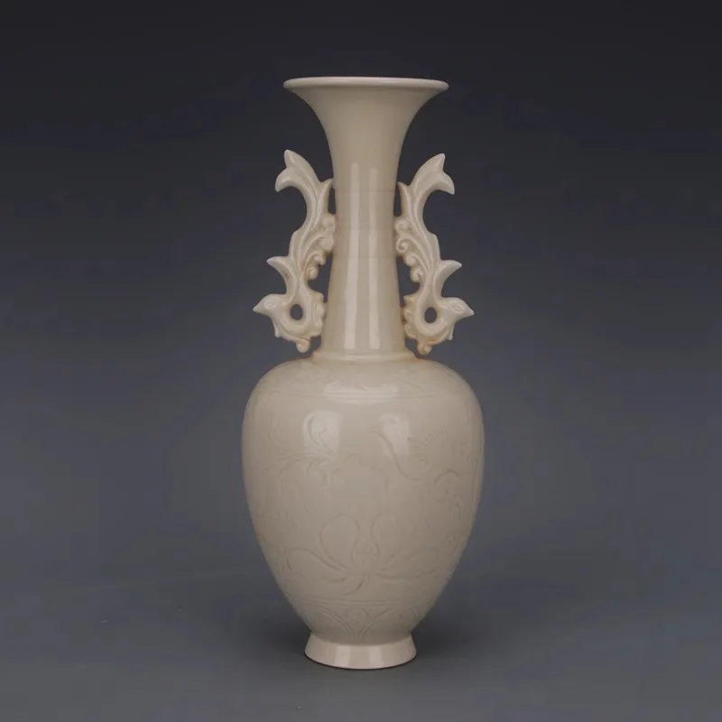 Imitation of Song Ding Kiln, White Glazed, Dark Engraved Flower, Phoenix Ear Vase, Zun Antique Vintage Porcelain Vase