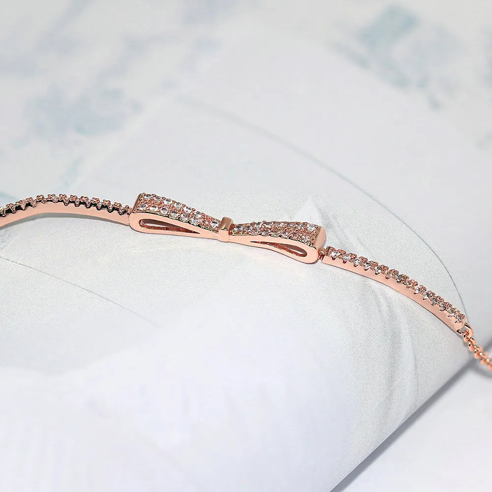 Cute Dainty Bowknot Bracelets For Women Girls Rose Gold Color Silver Plated Zirconia Chain on Hand Daily Fashion Jewelry H203