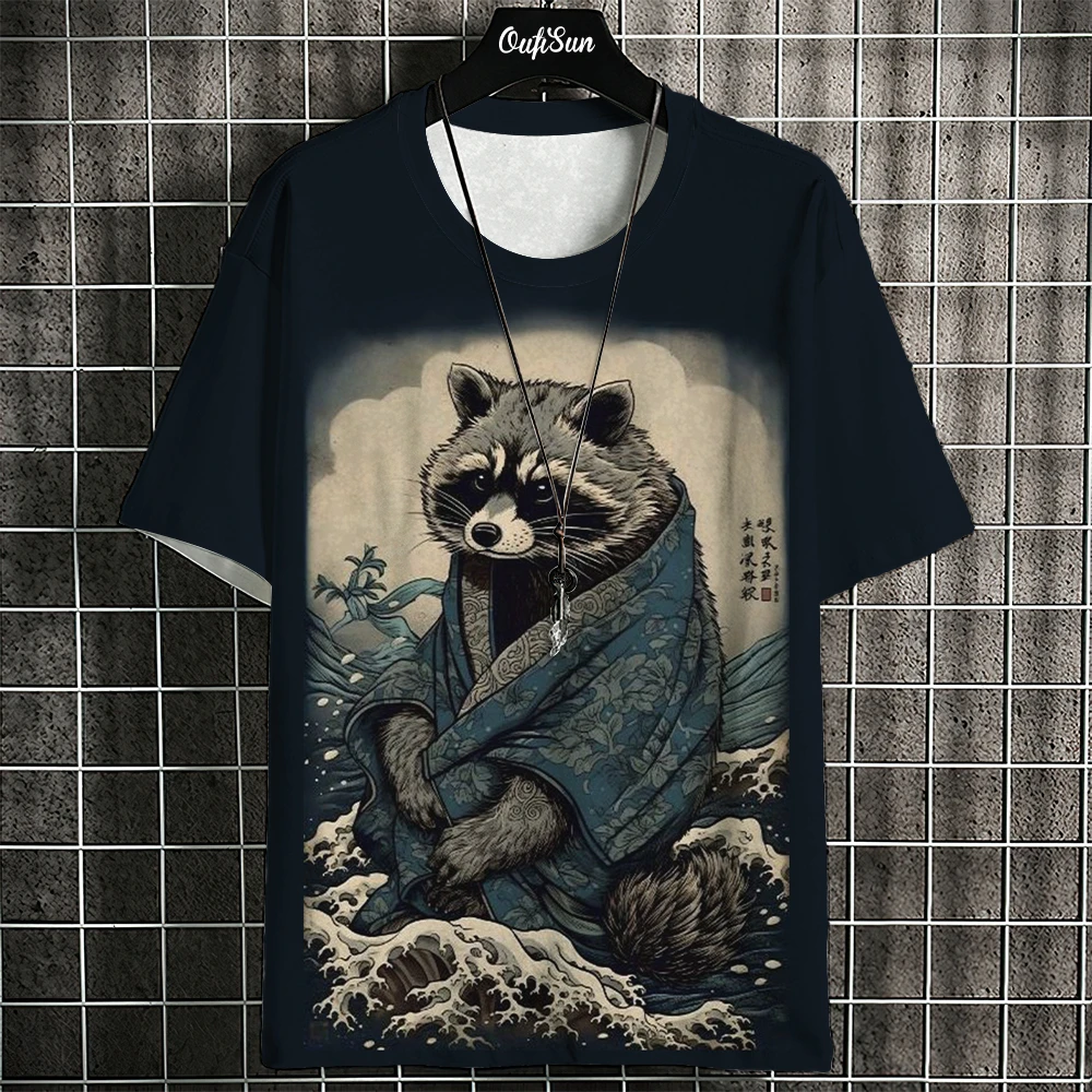 T-shirt da uomo retrò t-shirt a maniche corte con stampa animalier t-shirt oversize con stampa Ukiyo-E per uomo t-shirt estiva Quick Dry Harajuku