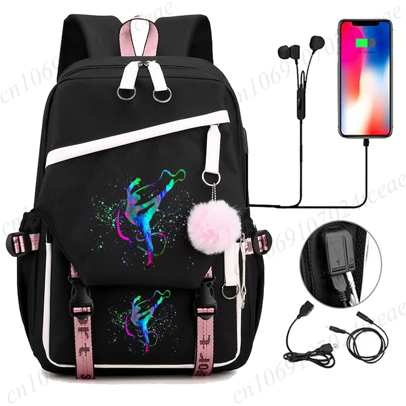 Watercolor Gymnastics Print Backpacks Girls Large Usb School Backpack Teenage Students Bookbag Watercolor Gymnastics Schoolbag