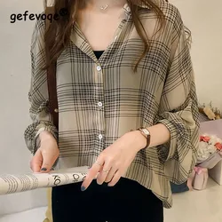 Fashion Plaid Printing Clothes Spring V-neck Loose Lantern Sleeve Long Tops Tops 2023 Women New Single Breasted Chiffon Shirt