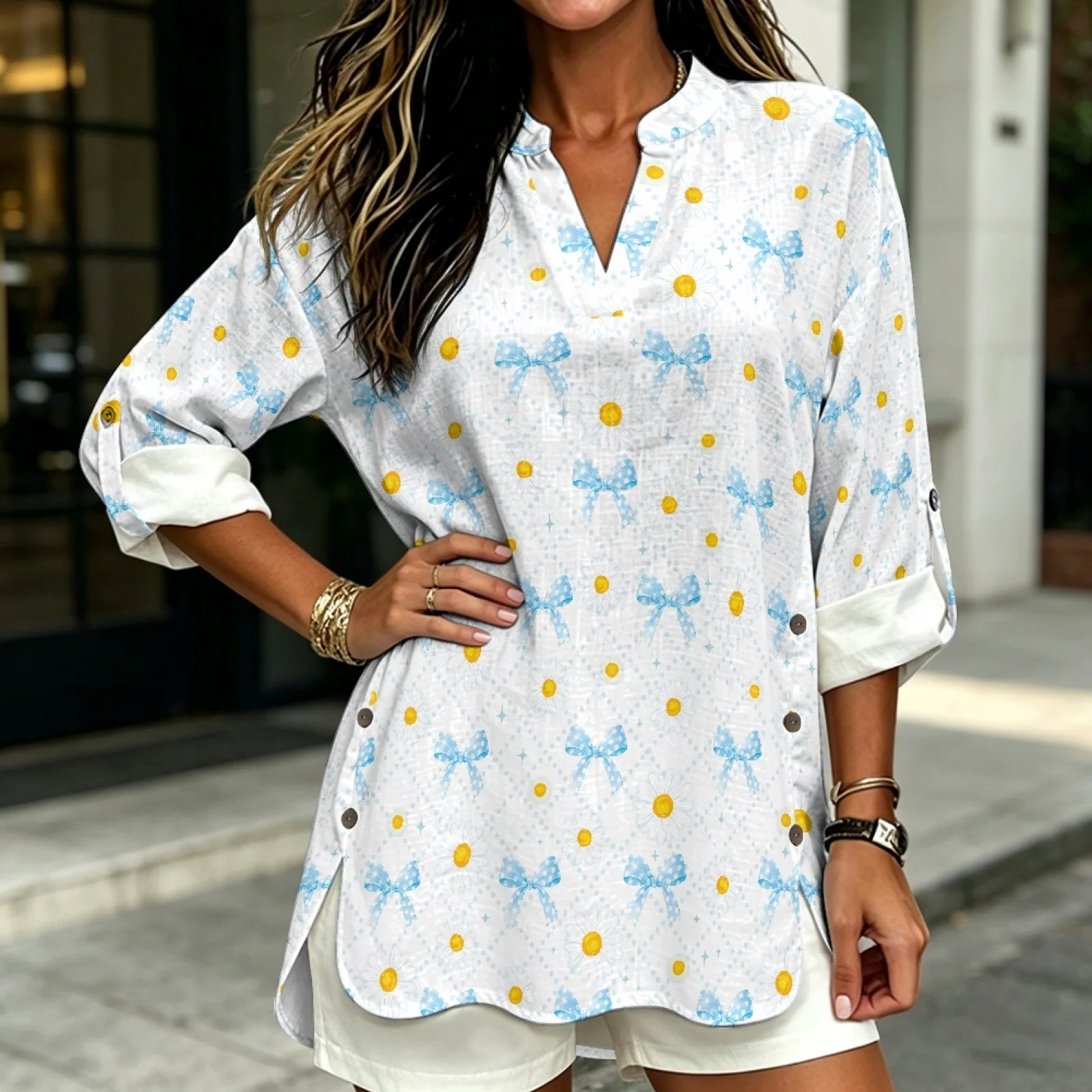 PENSTROLL Daisy Blue Bow Print Linen Like Long Sleeve Tops Casual Blouses for Women Roll-Up Long Sleeve Casual Loose Fit Blouses
