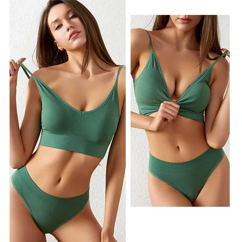 Women Seamless Bra Set Sexy Thong Low Waist Panties Sports Bralette Wire Free Lingerie Brassiere Cotton Female Underwear 2 Pcs